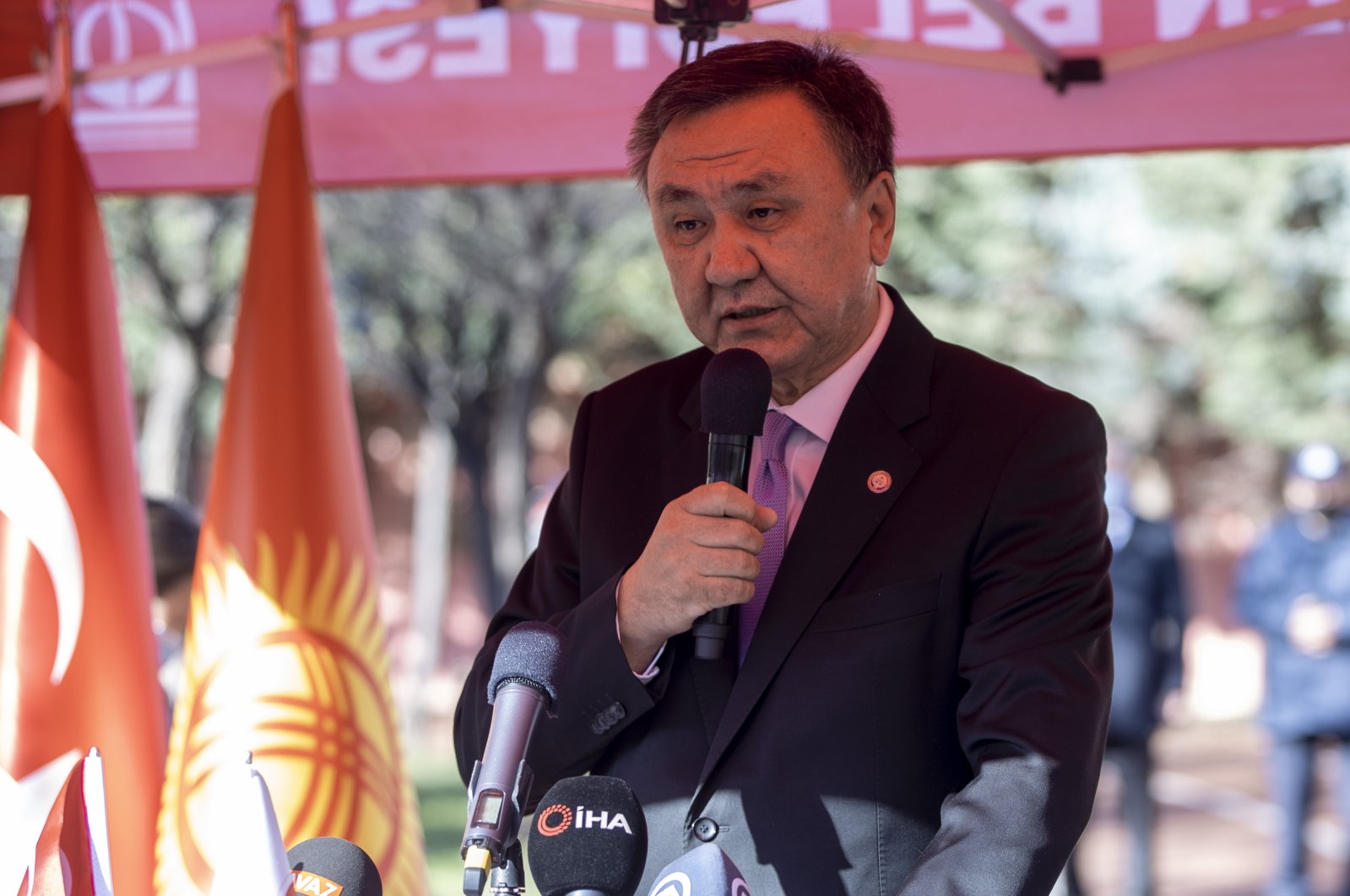 Kyrgyzstan&#039;s Ambassador to Turkey Kubanychbek Omuraliev speaks at a ceremony commemorating famous Kyrgyz author Chinghiz Aitmatov in Ankara, Turkey, Dec. 12, 2021. (AA File Photo)