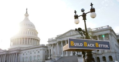 A lectern is seen before the start of a media event about the Build Back Better package with Senate Democrats outside the U.S. Capitol in Washington, D.C., U.S., Dec. 15, 2021. (Reuters Photo)