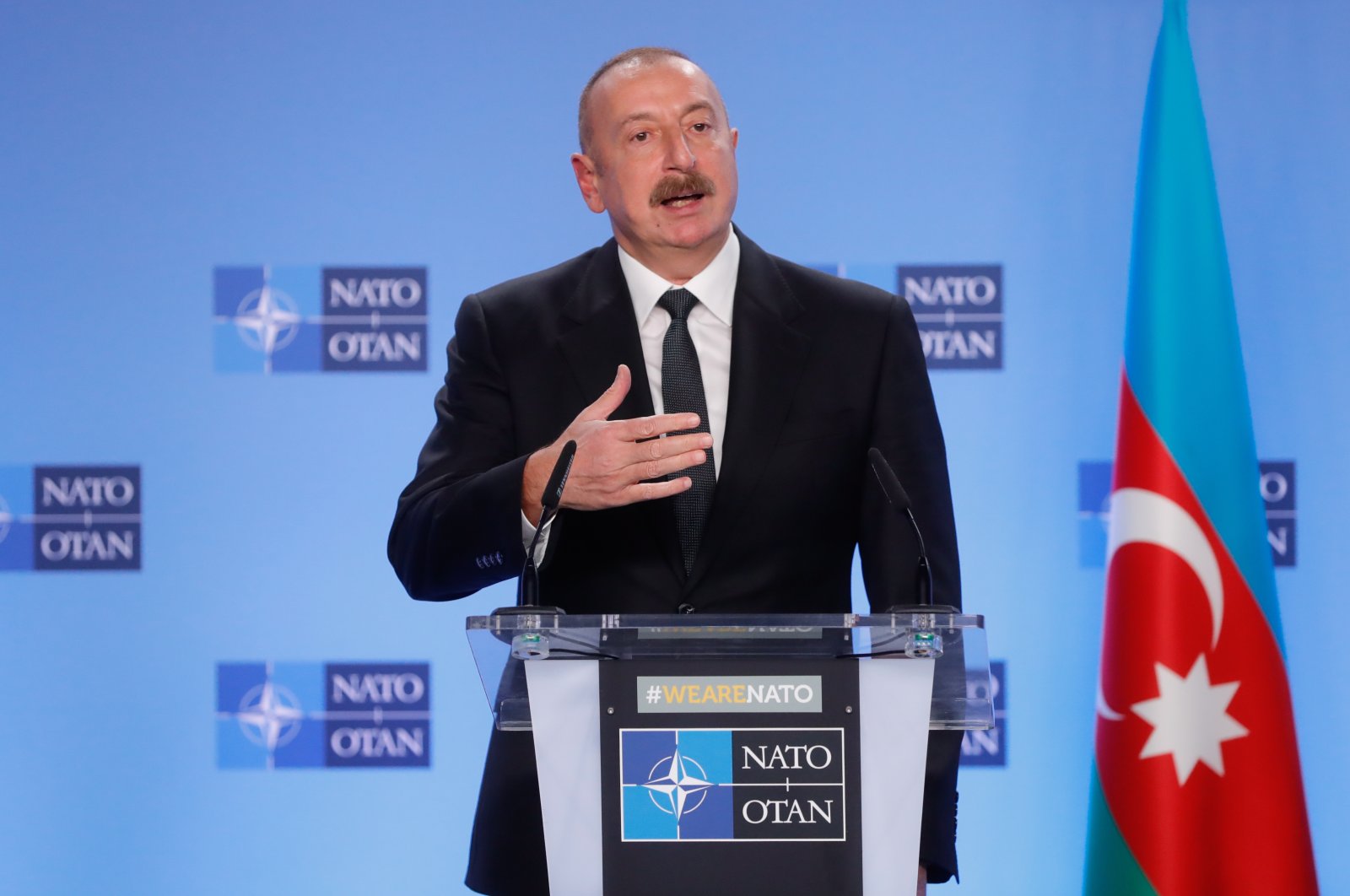 Azerbaijani President Ilham Aliyev attends a joint press conference with NATO Secretary General Jens Stoltenberg in Brussels, Belgium, Dec. 14 2021. (EPA Photo)