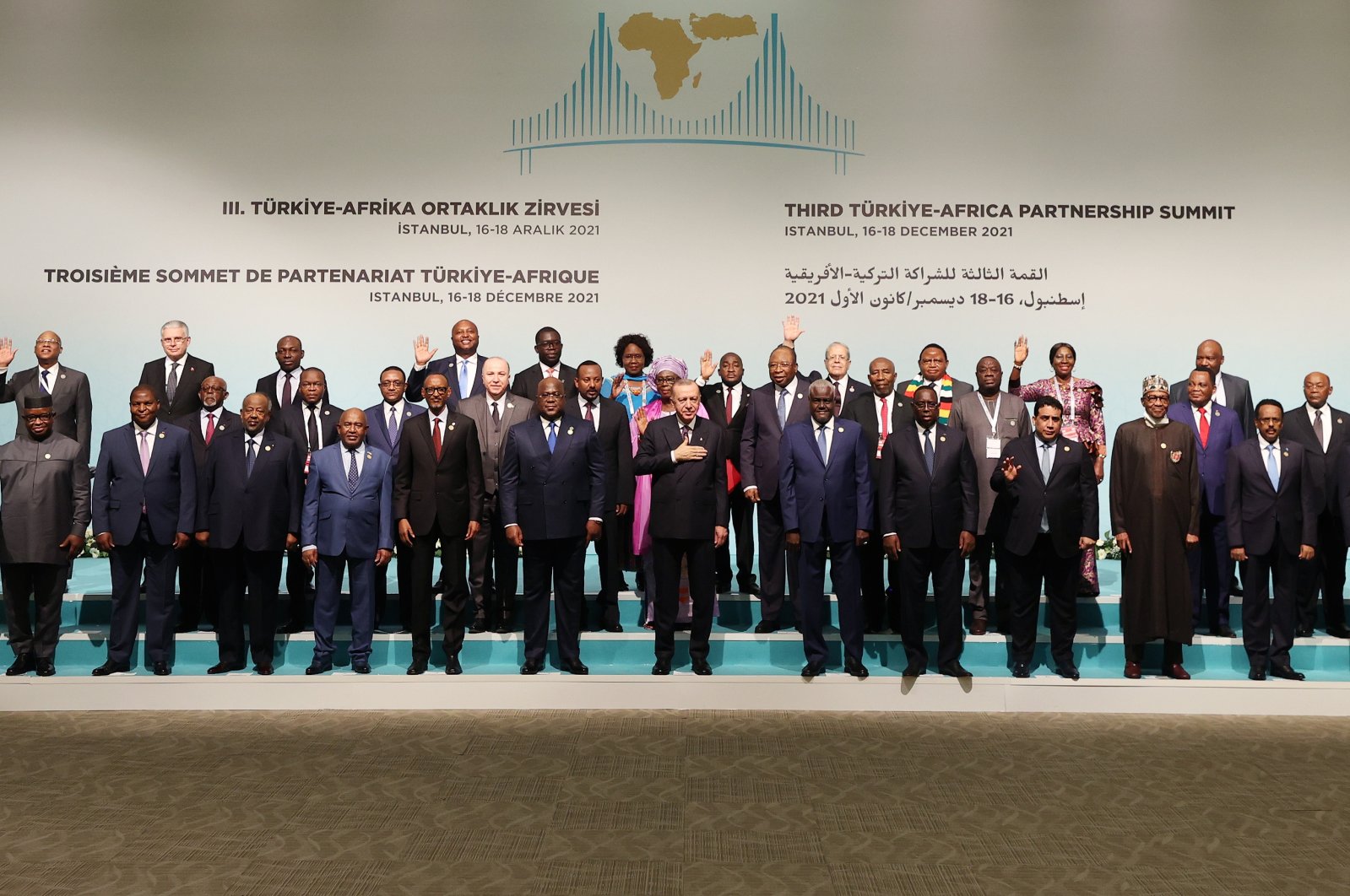 President Recep Tayyip Erdoğan (C) and leaders of the African nations pose for a family photo during the 3rd Turkey-Africa Partnership Summit in Istanbul, Turkey, Dec. 18, 2021. (AA Photo)