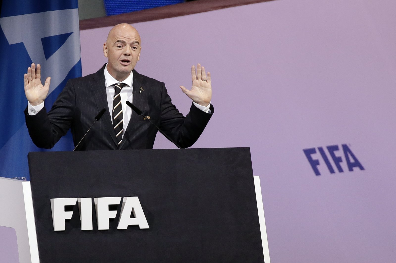 FIFA President Gianni Infantino speaks at the 69th FIFA congress in Paris, France, Sept. 22, 2019. (AP Photo)