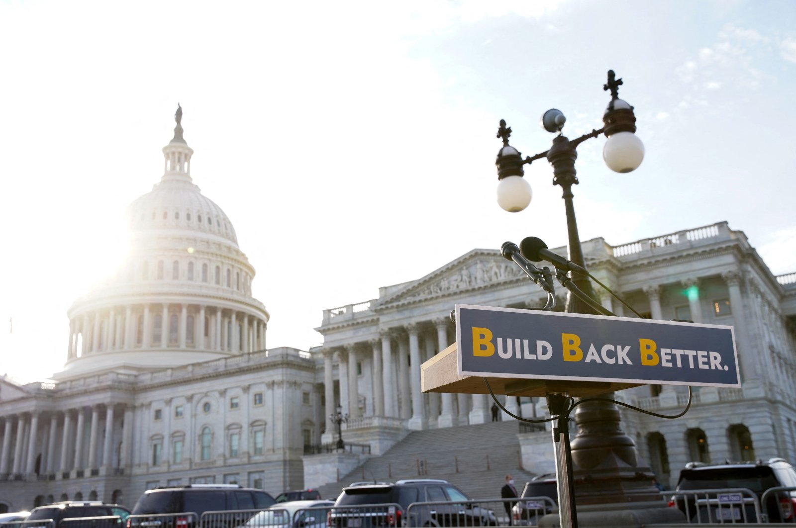 A lectern is seen before the start of a media event about the Build Back Better package with Senate Democrats outside the U.S. Capitol in Washington, D.C., U.S., Dec. 15, 2021. (Reuters Photo)