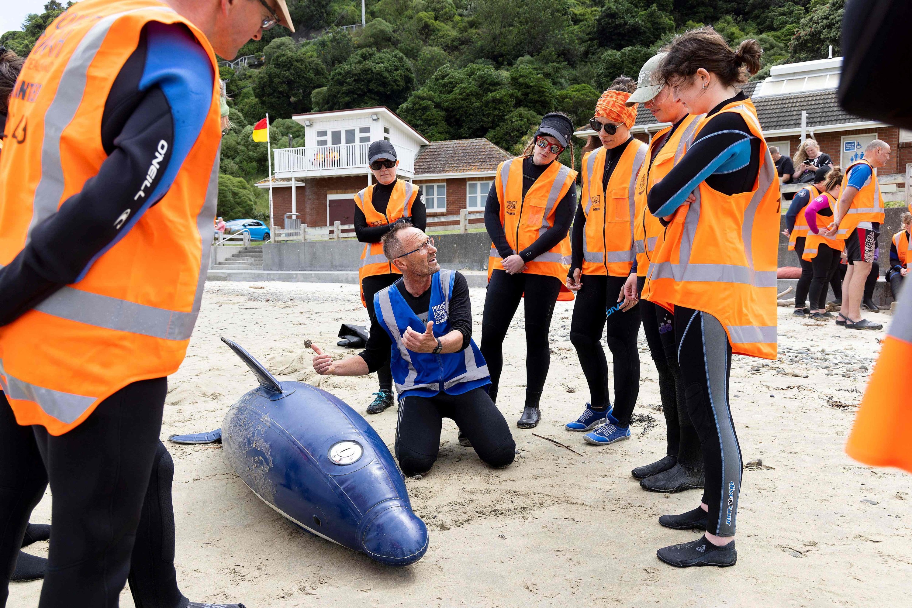 A group of volunteers from New Zealand whale rescue charity Project Jonah are taught how to save a stranded whale by a group instructor, at Scorching Bay in Wellington, Dec. 11, 2021. (AFP Photo)