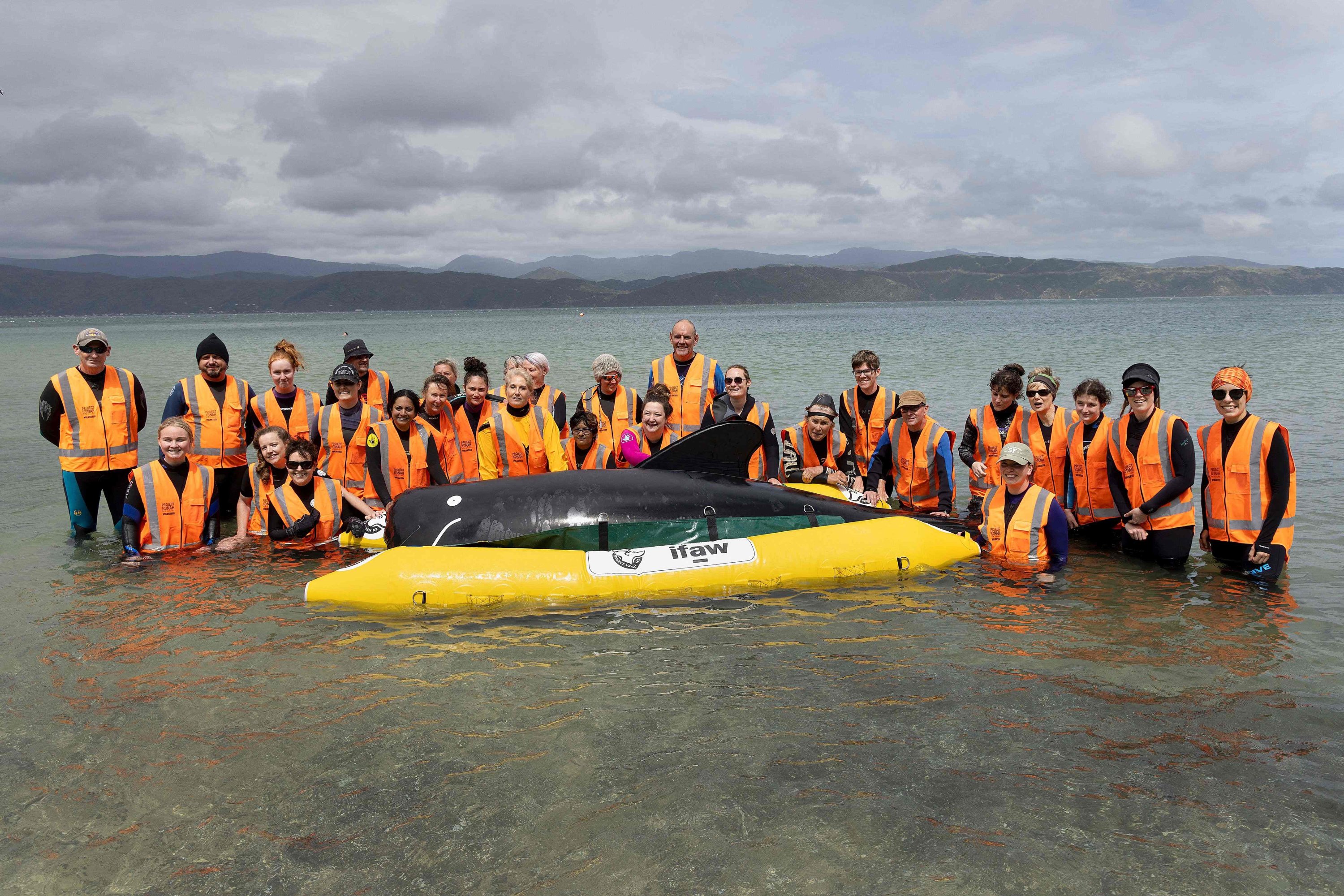 A group of New Zealand whale rescue charity Project Jonah volunteers and trainers pose for a photo as they attend a class on how to save stranded whales, at Scorching Bay in Wellington, Dec. 11, 2021. (AFP Photo)