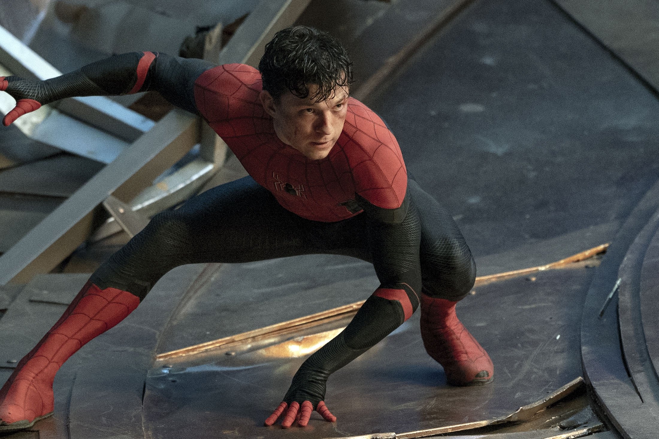 Tom Holland, in a scene from the film “Spider-Man: No Way Home.” (Sony Pictures via AP)