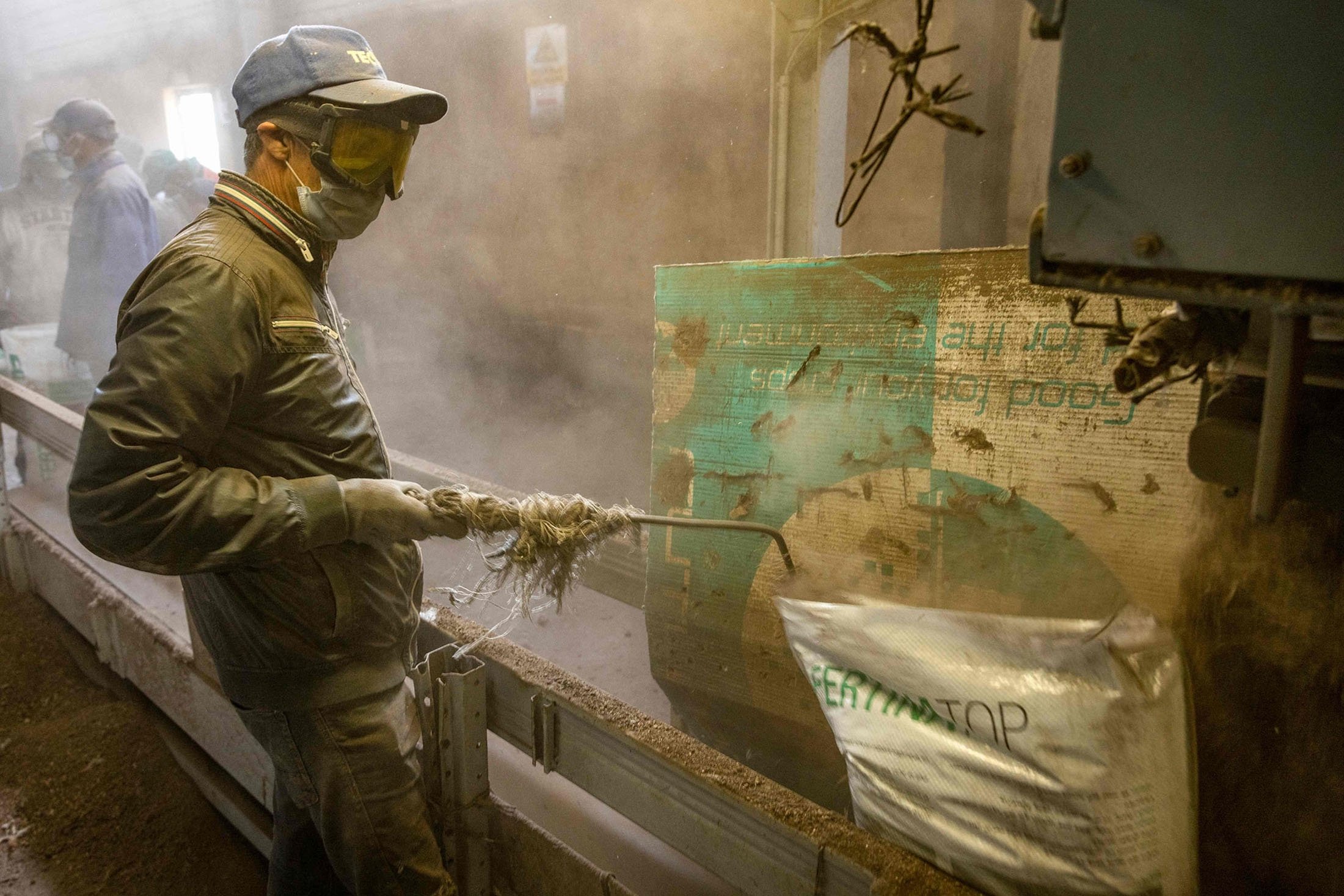 „Elephant Vert“ gamykloje „Agropolis“ pramoninėje zonoje šiauriniame Mekneso mieste, Maroke, darbuotojai užpildo maišus trąšomis.  2021 m. 9 d. (AFP nuotrauka)