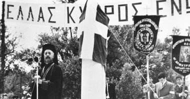 Cyprus President Archbishop Makarios speaks at the opening of an EOKA monument years after the "Bloody Christmas." (AA Photo)