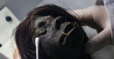 An expert works on a shrunken head believed to belong to the Jivaroan peoples in the laboratories of the Izmir Archaeological Museum, Izmir, western Turkey, Dec. 20, 2021. (AA)