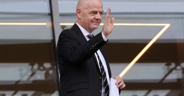 FIFA President Gianni Infantino reacts during the Arab Cup third place playoff match between Egypt and Qatar at the Stadium 974 in Doha, Qatar, Dec. 18, 2021 (Reuters Photo)