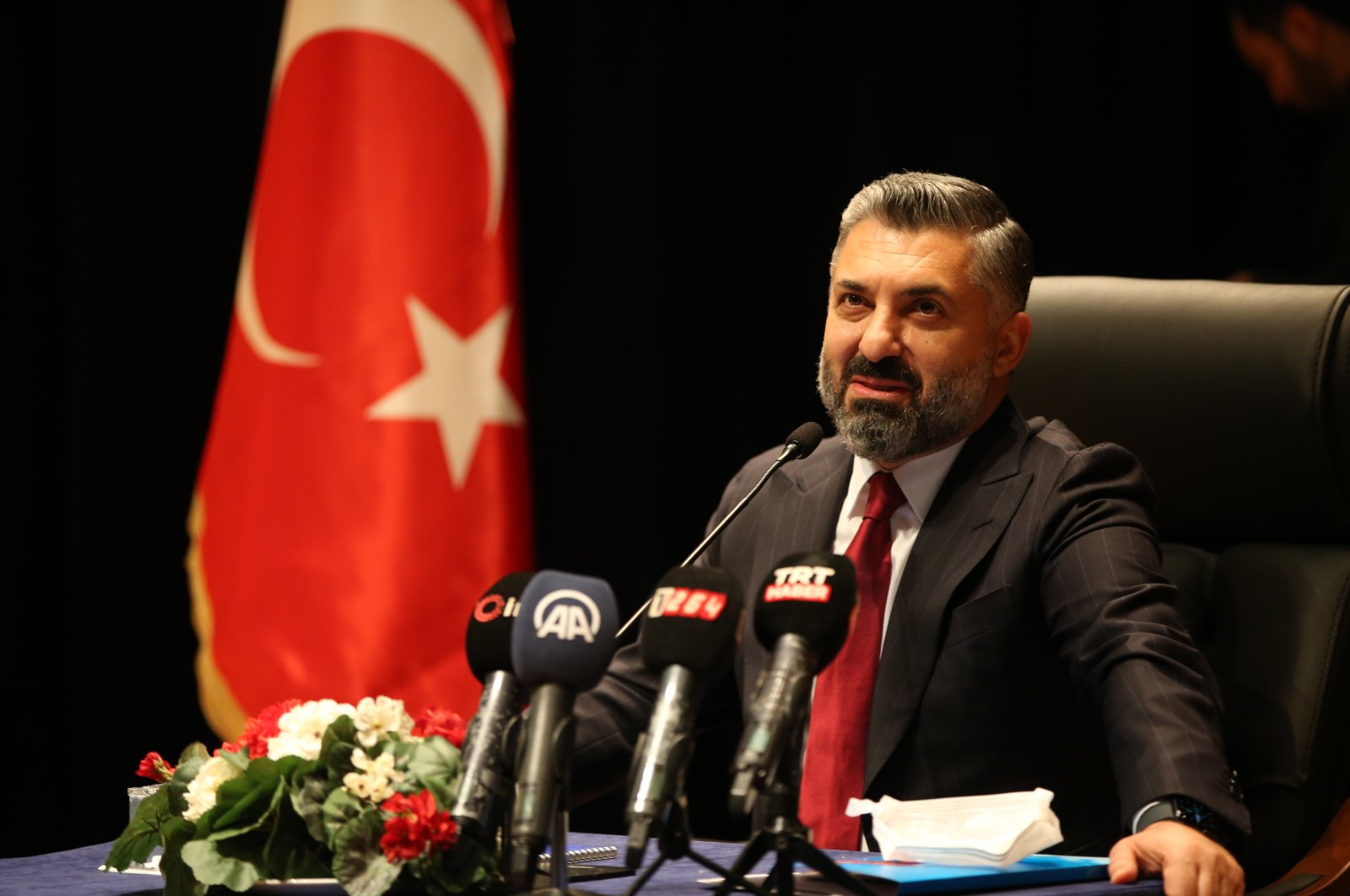  The head of Turkey&#039;s Radio and Television Supreme Council (RTÜK) Ebubekir Şahin speaks at a conference in Sakarya, Nov. 30, 2021. (AA File Photo)