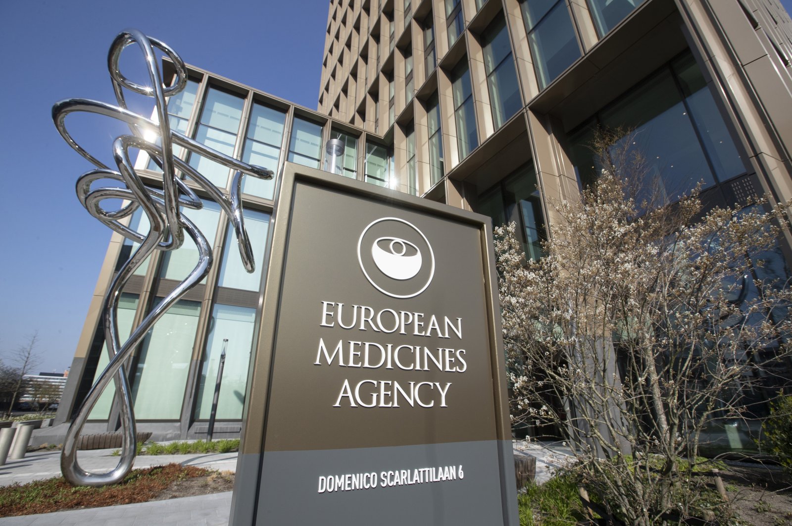 An exterior view of the European Medicines Agency, EMA, in Amsterdam&#039;s business district, Netherlands, April 20, 2021. (AP Photo)
