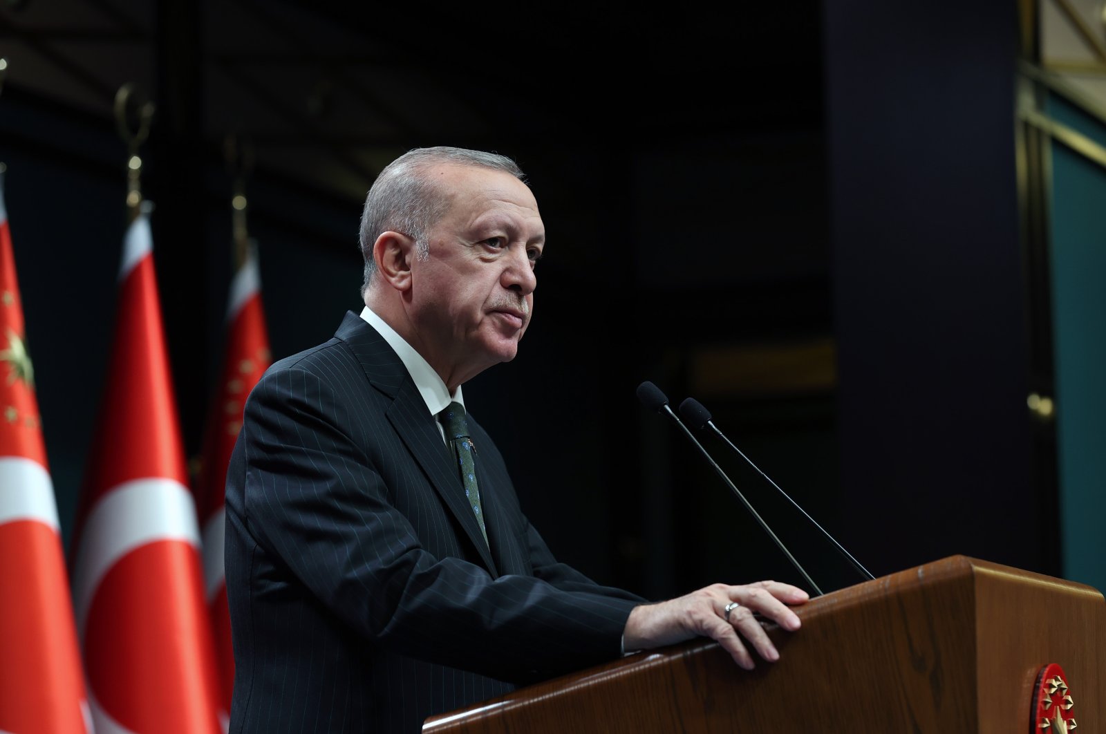 President Recep Tayyip Erdoğan prepares to give a speech after the Cabinet meeting at Ankara&#039;s Presidential Complex, Ankara, Turkey, Dec. 20, 2021. (AA Photo)