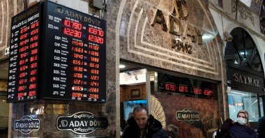A board showing currency exchange rates is seen outside an exchange office at the Grand Bazaar in Istanbul, Turkey, Nov. 18, 2021. (Reuters Photo)