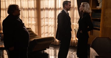 Guillermo del Toro (L), on set with actors Bradley Cooper (C) and Cate Blanchett, during the filming of "Nightmare Alley." (Searchlight Pictures via AP)