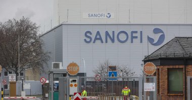 An entrance to the compound of the German headquarter of French pharmaceutical company Sanofi is pictured in the Hoechst industrial zone in Frankfurt am Main, western Germany, Jan. 27, 2021. (AFP Photo)