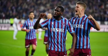 Trabzonspor's Djaniny (L) and Andreas Cornelius celebrate a goal against Hatayspor, Trabzon, Turkey, Dec. 18, 2021. (DHA Photo)