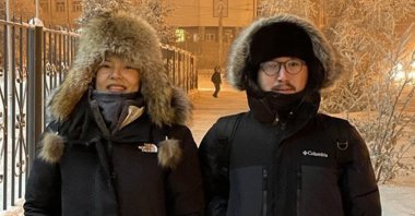 Journalists Nazgul Kenzhetay (L) and Emin Karaçak are seen in Russia in this photo shared by GZT. (Photo courtesy of GZT)