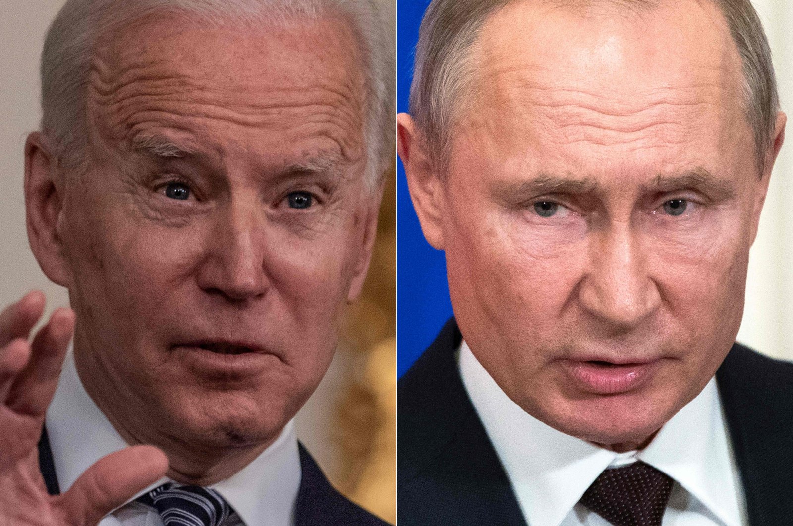 This combination photo shows U.S. President Joe Biden (L) speaking at the White House in Washington, D.C., U.S., on March 15, 2021, and Russian President Vladimir Putin speaking at a press conference in Moscow, Russia, March 5, 2020. (AFP Photo)
