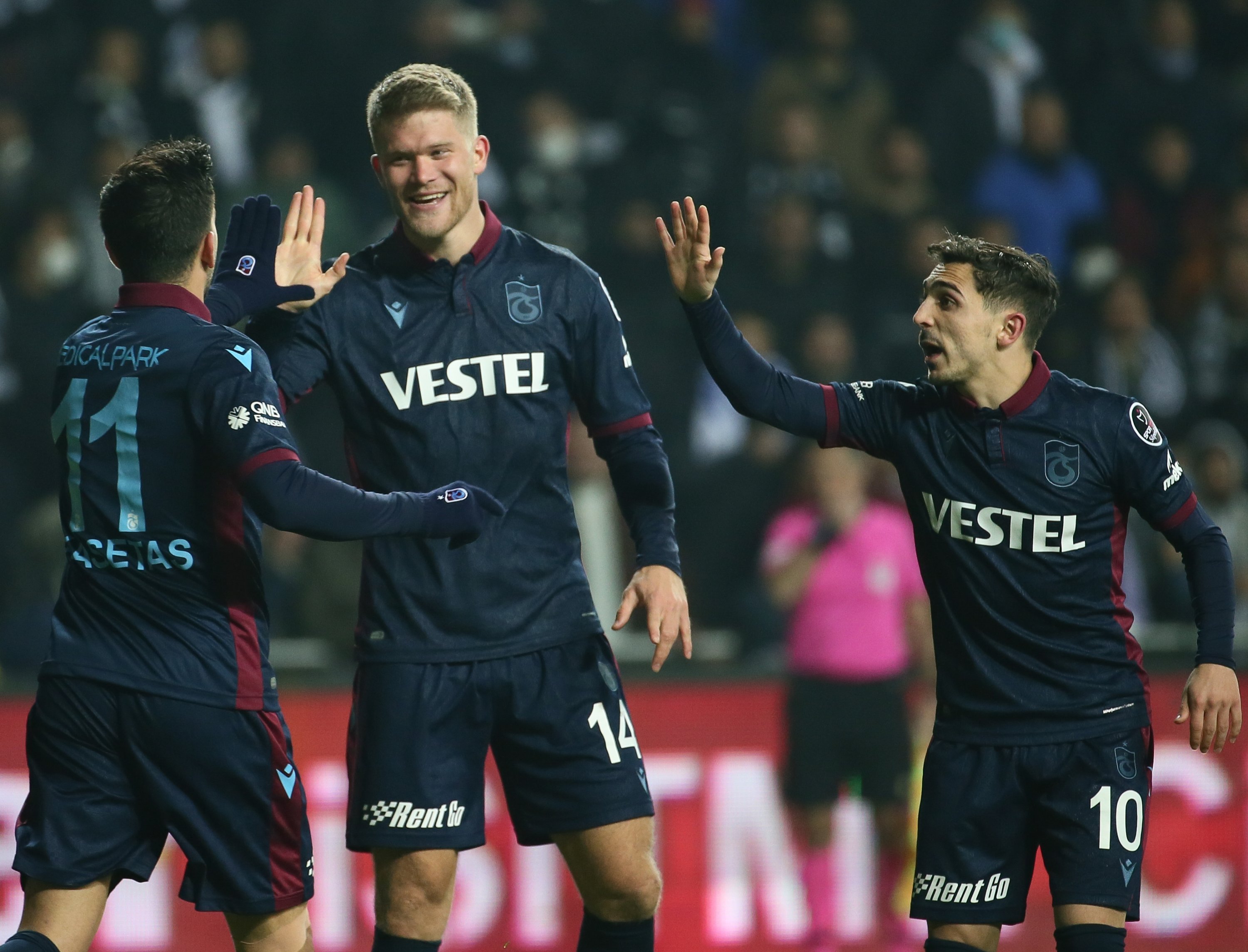 Trabzonspor’s Andreas Cornelius (C) celebrates with teammates after scoring a goal in a Süper Lig game against Altay, Izmir, Turkey, Dec. 21, 2021. (AA Photo)
