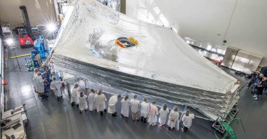 The Sunshield test unit to be used on NASA&#039;s James Webb Space Telescope is stacked and expanded at a cleanroom in the Northrop Grumman facility in Redondo Beach, California, U.S., July 25, 2014. ( NASA via Reuters)