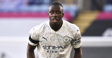 Manchester City's Benjamin Mendy during a Premier League match against Leicester City, Leicester, England, April 3, 2021. (AP Photo)