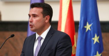 Zoran Zaev, leader of the ruling SDSM party, speaks to the media after a group photo with newly elected ministers at the Macedonian parliament in Skopje, North Macedonia, Aug. 31, 2020. (Reuters Photo)