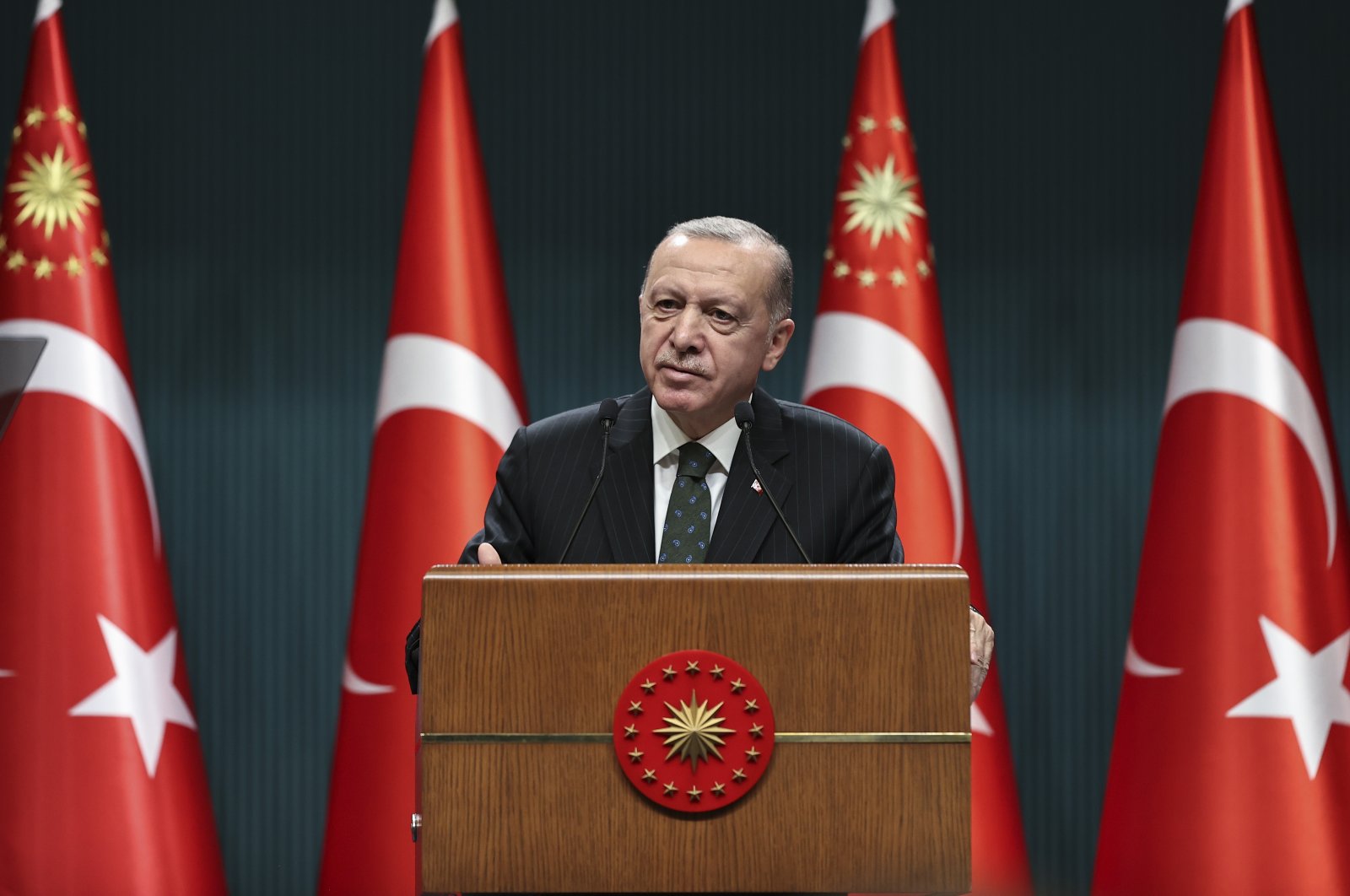 President Recep Tayyip Erdoğan addresses the media after a Cabinet meeting in Ankara, Turkey, Dec. 20, 2021. (AA Photo)