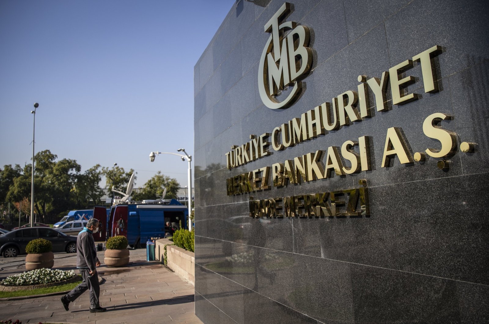 The logo of the Central Bank of the Republic of Turkey at the entrance of the bank&#039;s headquarters in the capital Ankara, Turkey, Oct. 28, 2020. (AA Photo)