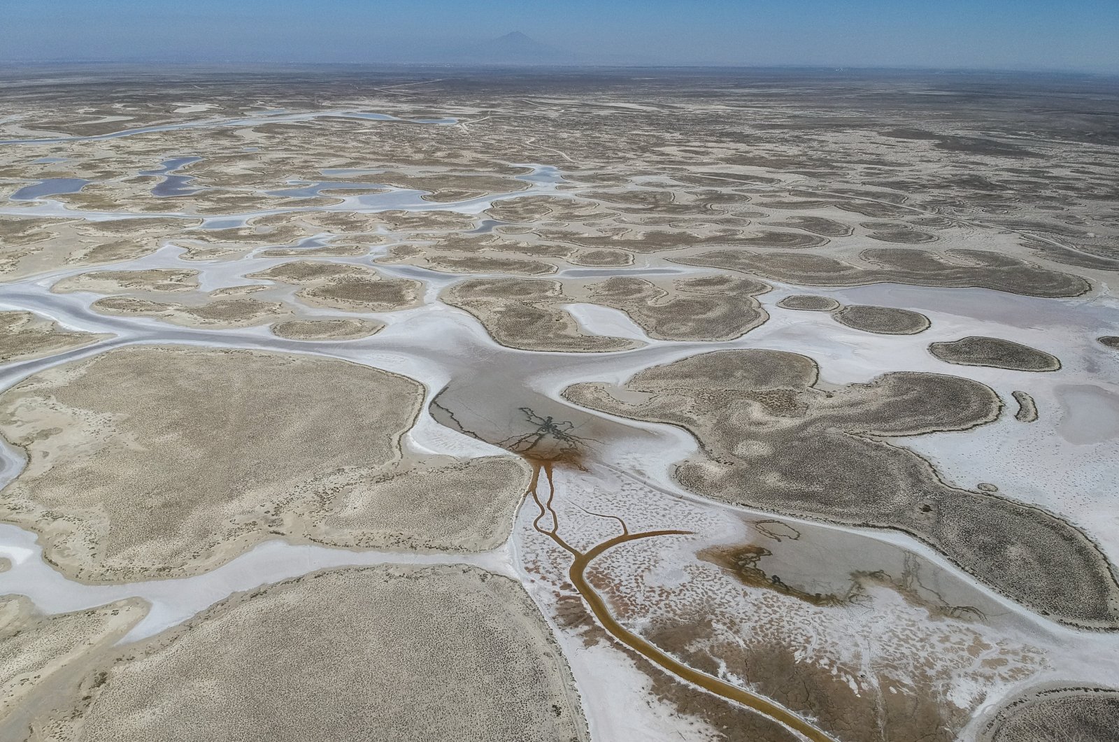 A drone shows the low level of water in Tuz Lake, the world&#039;s second saltiest lake, in central Turkey, Oct. 11, 2021. (Photo by Getty Images)