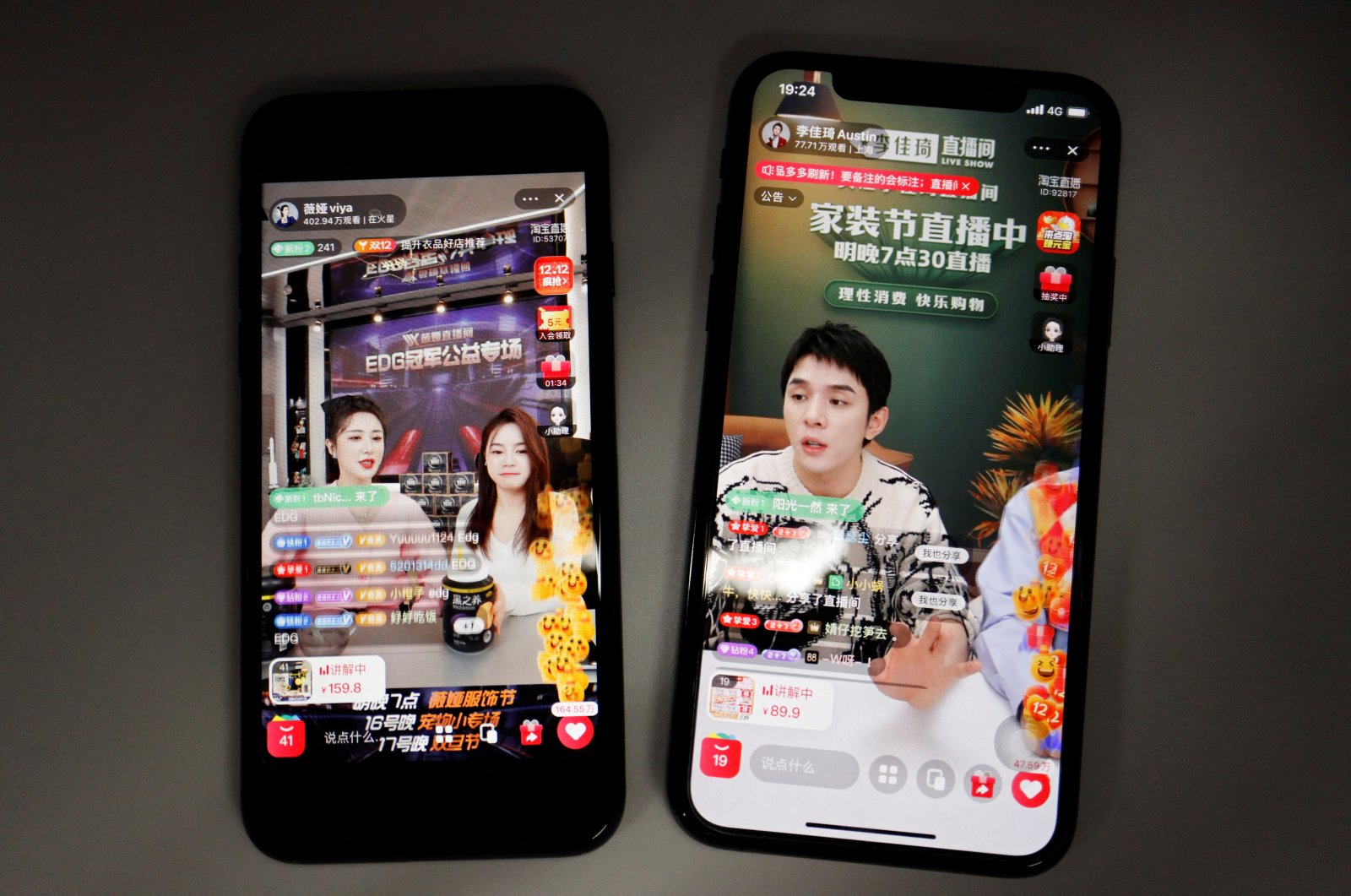 Livestreaming sessions by Chinese livestreamers Li Jiaqi and Viya, whose real name is Huang Wei (L), are seen on Alibaba&#039;s e-commerce app Taobao displayed on mobile phones in this illustration picture taken Dec. 14, 2021. (Reuters Photo)