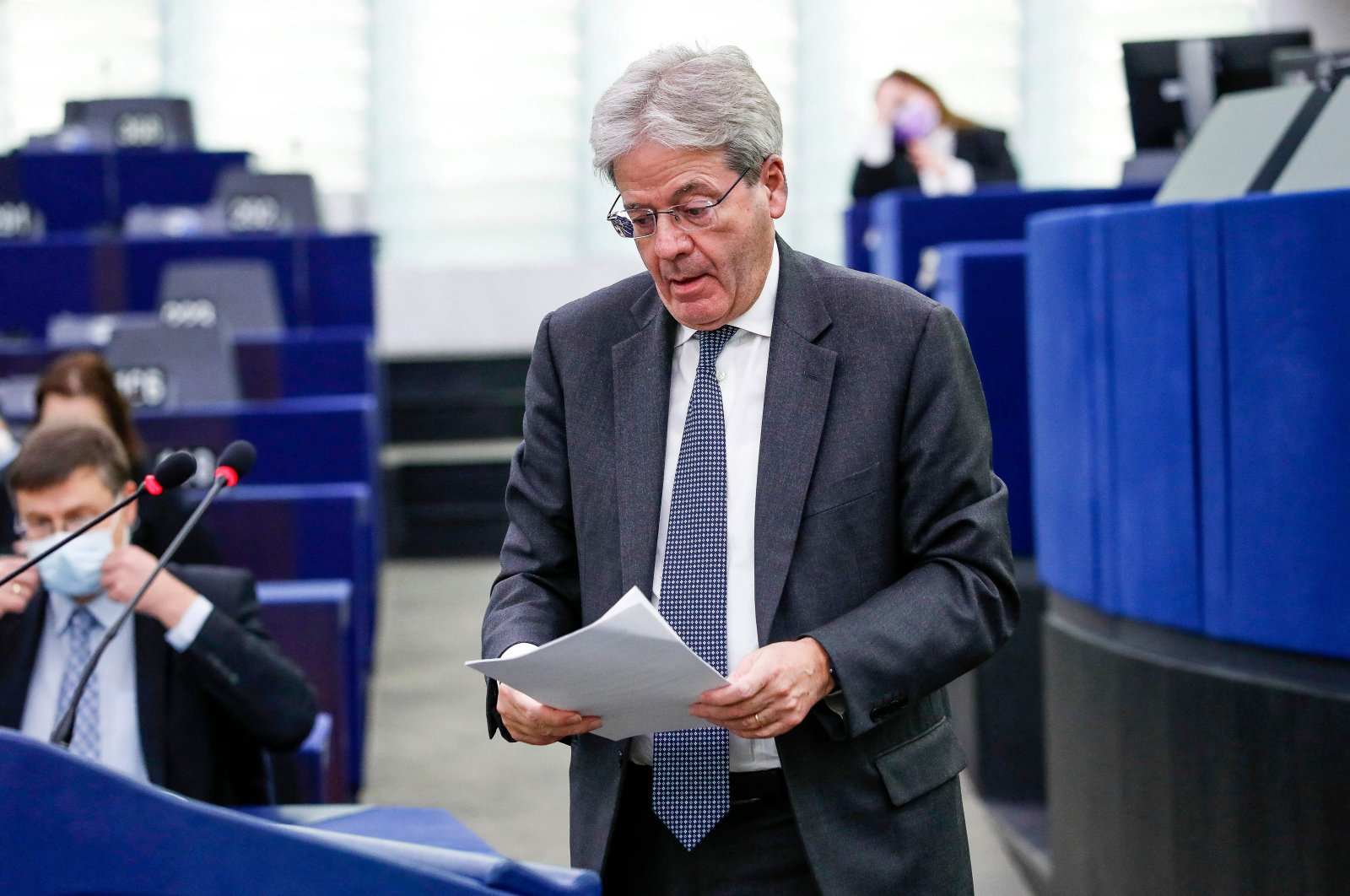 EU Commissioner for Economy Paolo Gentiloni delivers a speech on the state of play of the Recovery and Resilience Facility (RRF) during a plenary session of the European Parliament, in Strasbourg, eastern France, Dec. 15, 2021. (AFP Photo)