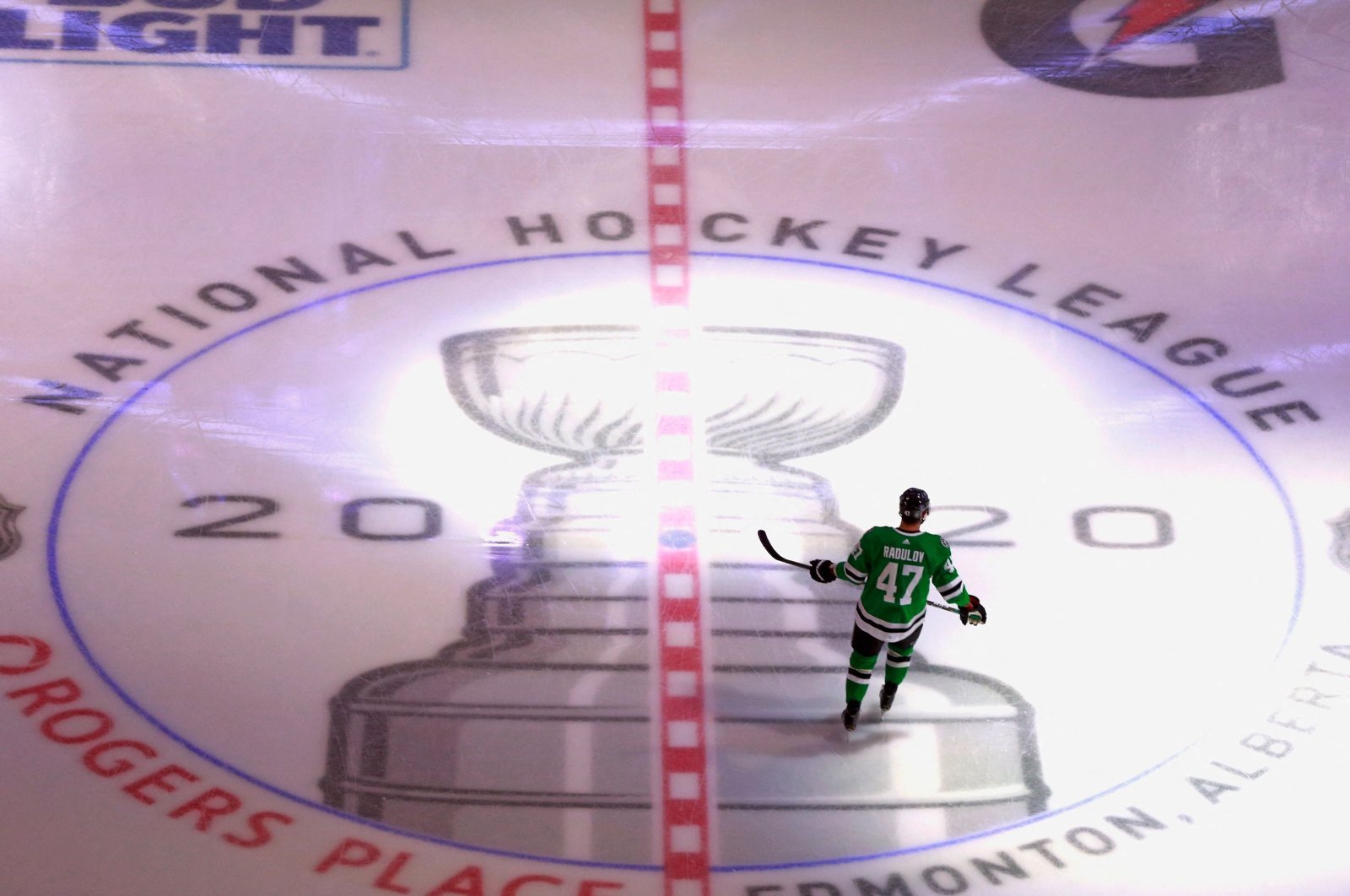 Alexander Radulov of the Dallas Stars skates over the Stanley Cup logo prior to the exhibition game against the Nashville Predators before the 2020 NHL Stanley Cup Playoffs in Edmonton, Alberta, Canada, July 30, 2020. (AFP Photo)