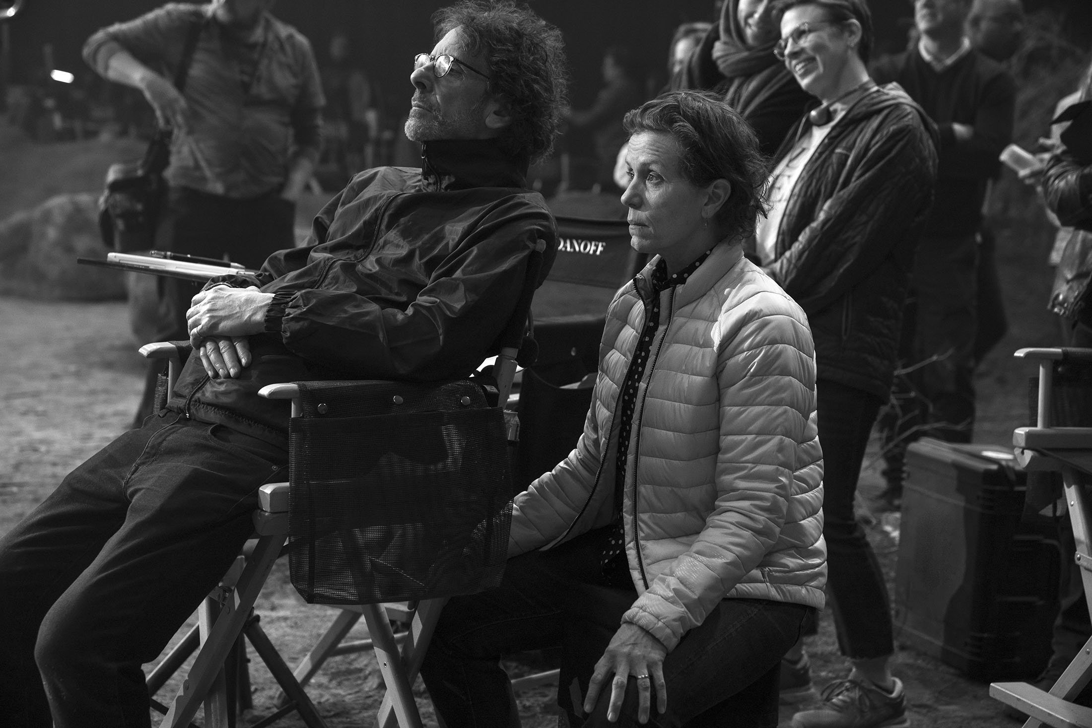 Director Joel Coen (L) and actor Frances McDormand on the set of the film "The Tragedy of Macbeth." (A24 via AP)
