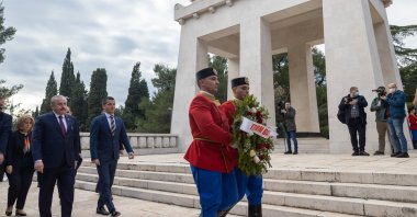 Parliament Speaker Mustafa Şentop lays a wreath at the statue erected in the memory of Nazi-era victims, Podgorica, Montenegro, Dec. 23, 2021 (AA Photo)