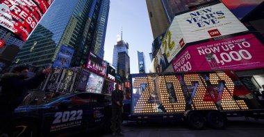 The 2022 sign that will be lit on top of a building on New Year's Eve is displayed in Times Square, New York, the U.S., Dec. 20, 2021. (AP Photo)
