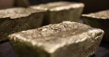 Ounce gold bars are displayed at Koza Altın's Izmir facility, Izmir, Turkey, Dec. 24, 2021. (AA Photo)