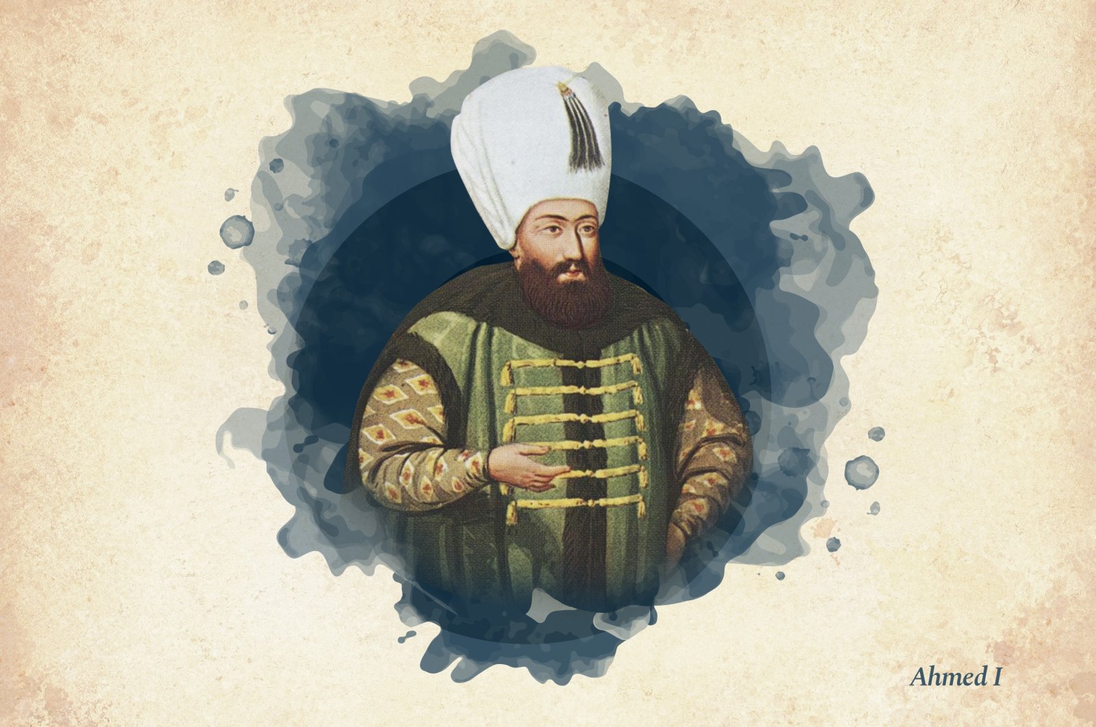 This widely used illustration painted by Konstantin Kapıdağlı shows Sultan Ahmed I, the 14th ruler of the Ottoman Empire. (Wikimedia / edited by Büşra Öztürk) " 