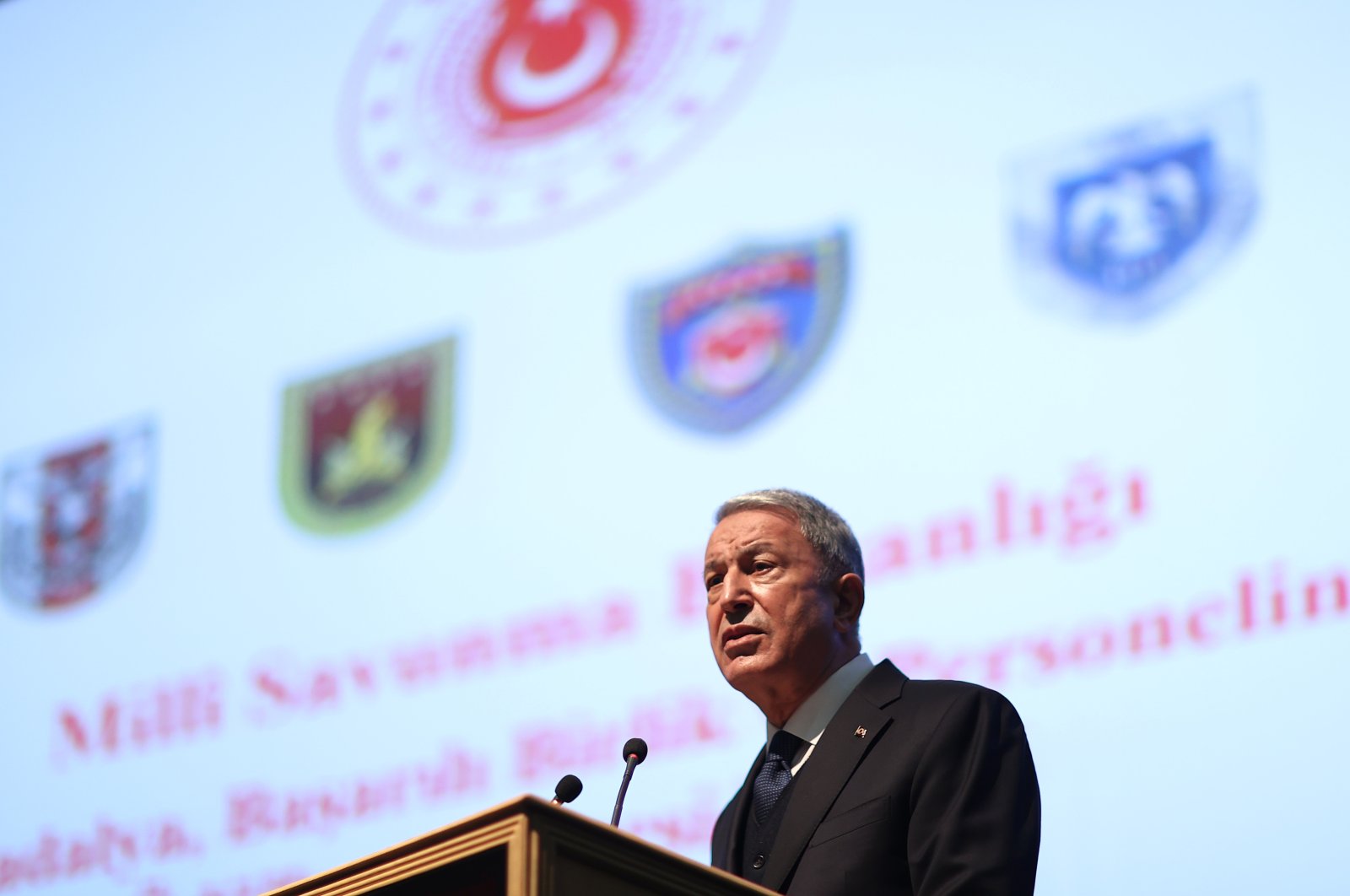 Defense Minister Hulusi Akar speaking at his ministry&#039;s award ceremony, Ankara, Turkey, Dec. 24, 2021. (AA Photo)