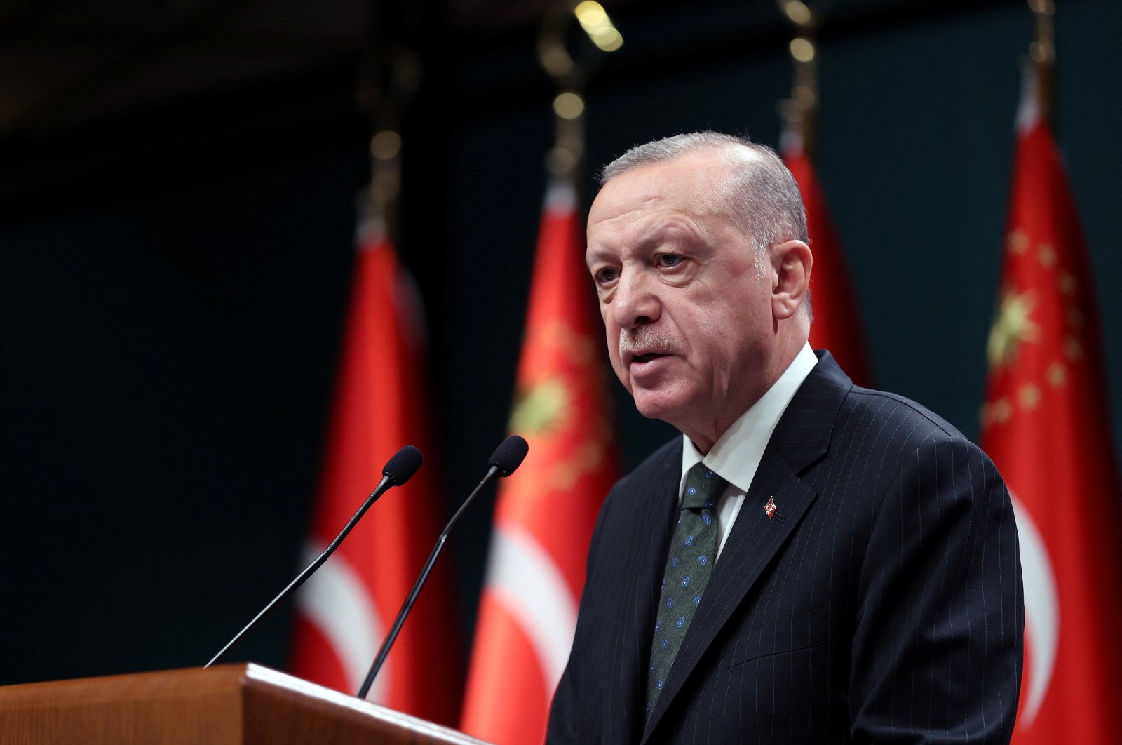 President Recep Tayyip Erdoğan addresses the media after a Cabinet meeting in Ankara, Turkey, Dec. 20, 2021. (Reuters Photo)