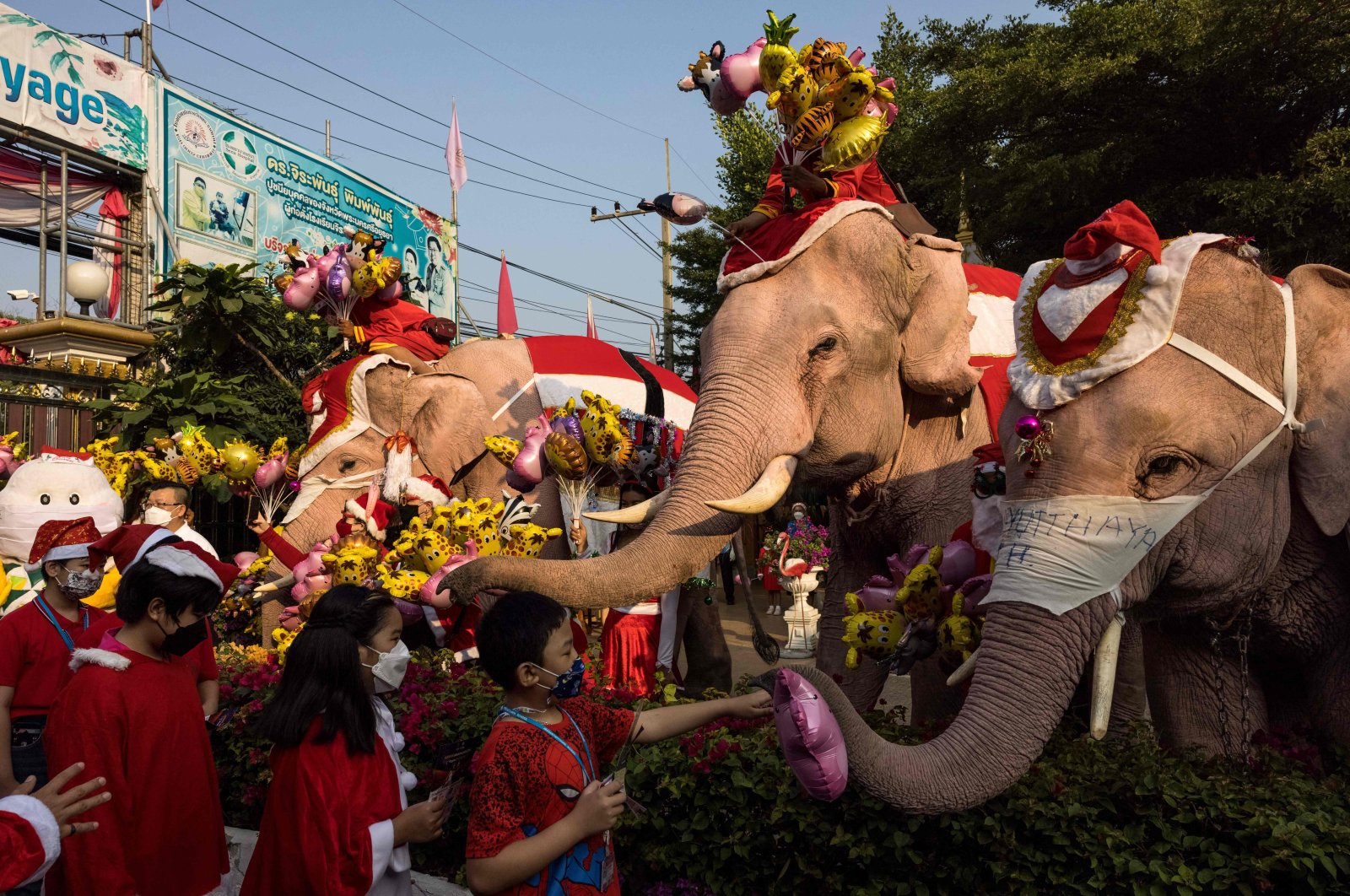 Mahouts and their elephants hand out balloons to children during Christmas celebrations at the Jirasart Witthaya school in Ayutthaya, Thailand, Dec. 24, 2021. (AFP Photo)