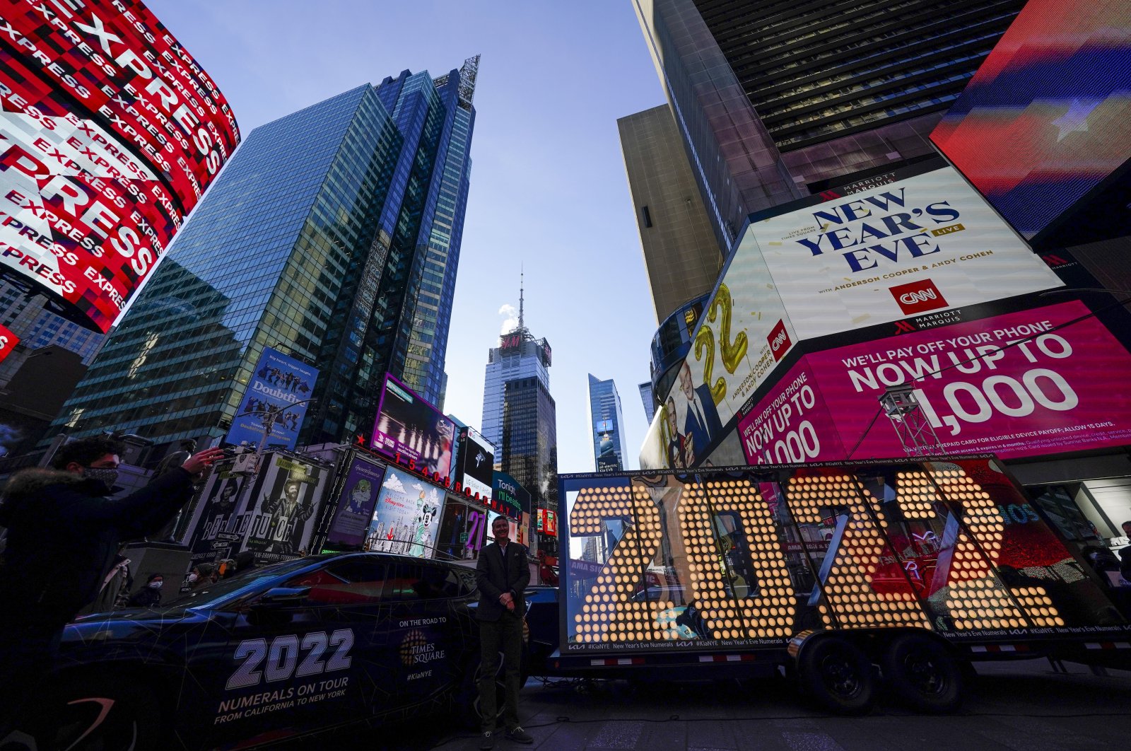 The 2022 sign that will be lit on top of a building on New Year&#039;s Eve is displayed in Times Square, New York, the U.S., Dec. 20, 2021. (AP Photo)
