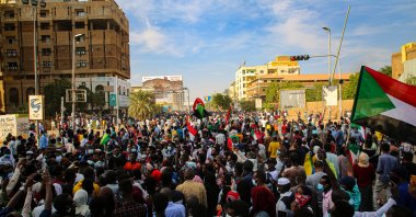 Sudanese protestors chant during protest near the Republican Palace in the capital Khartoum, Sudan, Dec. 19,  2021. (EPA Photo)