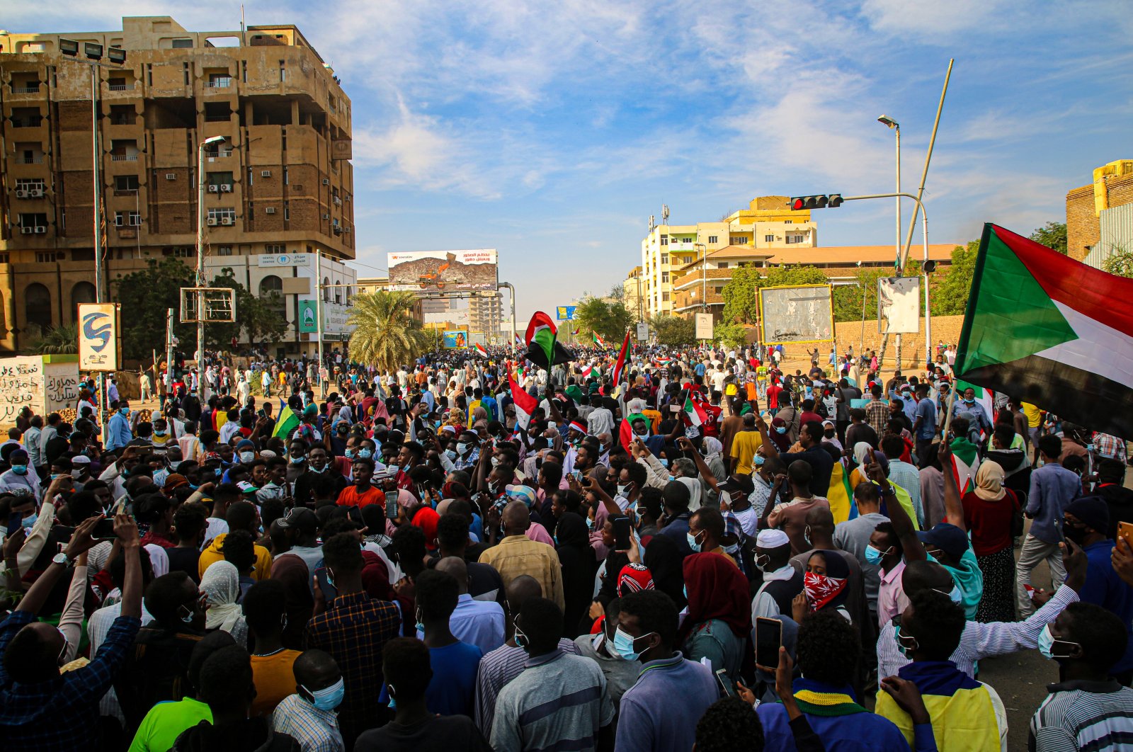 Sudanese protestors chant during protest near the Republican Palace in the capital Khartoum, Sudan, Dec. 19,  2021. (EPA Photo)