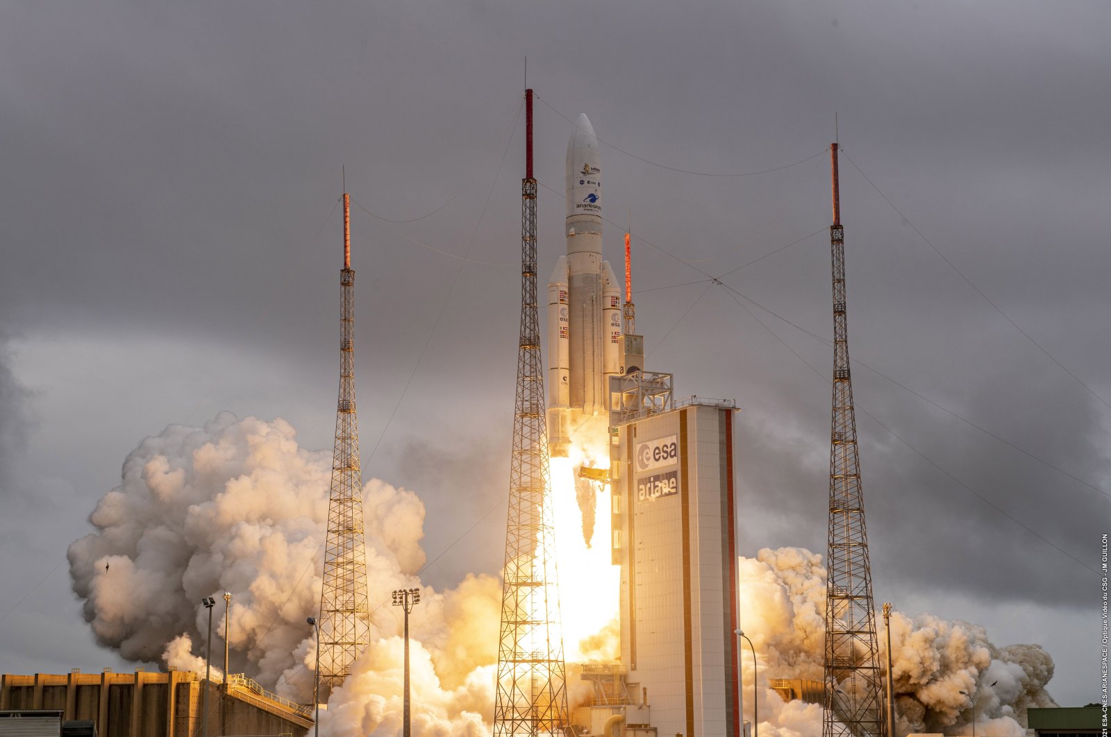 Arianespace&#039;s Ariane 5 rocket with NASA&#039;s James Webb Space Telescope onboard, lifts off Saturday, Dec. 25, 2021, at Europe&#039;s Spaceport, the Guiana Space Center in Kourou, French Guiana. (ESA-CNES-ARIANESPACE  via AP)