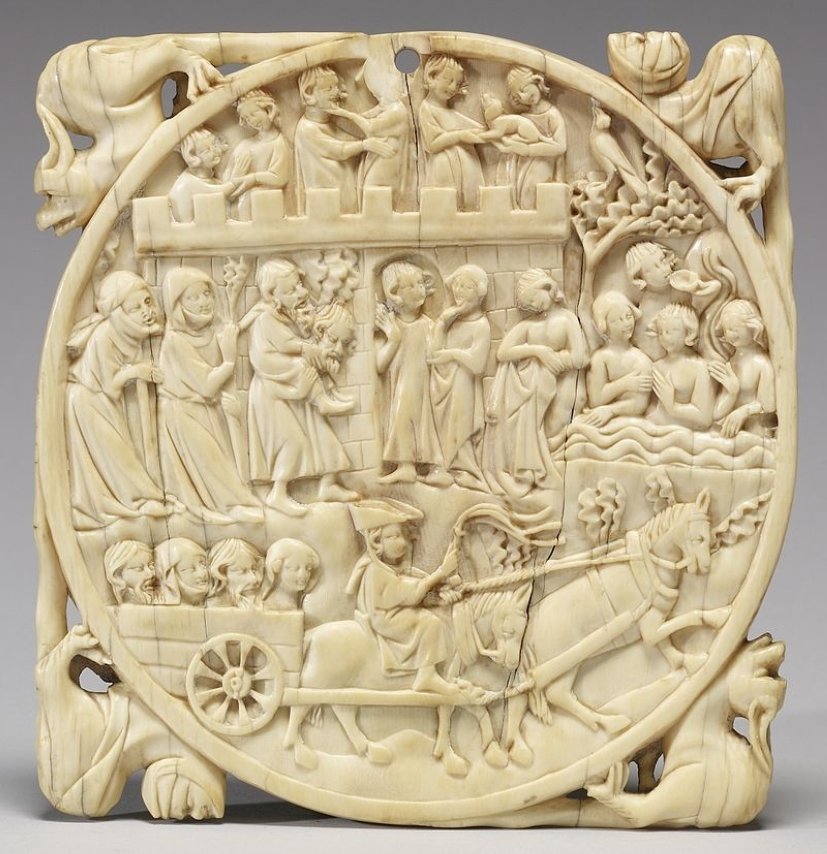Wadah cermin gading Prancis abad ke-14 dengan penggambaran 