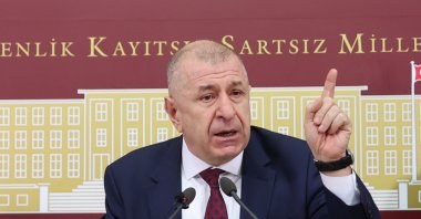 Victory Party Chairperson Ümit Özdağ speaks at a news conference at the Turkish Parliament, Ankara, Turkey, Dec. 2, 2021. (AA File Photo)