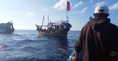 A boat carrying Rohingya people stranded at sea, Indonesia, Dec. 27, 2021. (Reuters photo)
