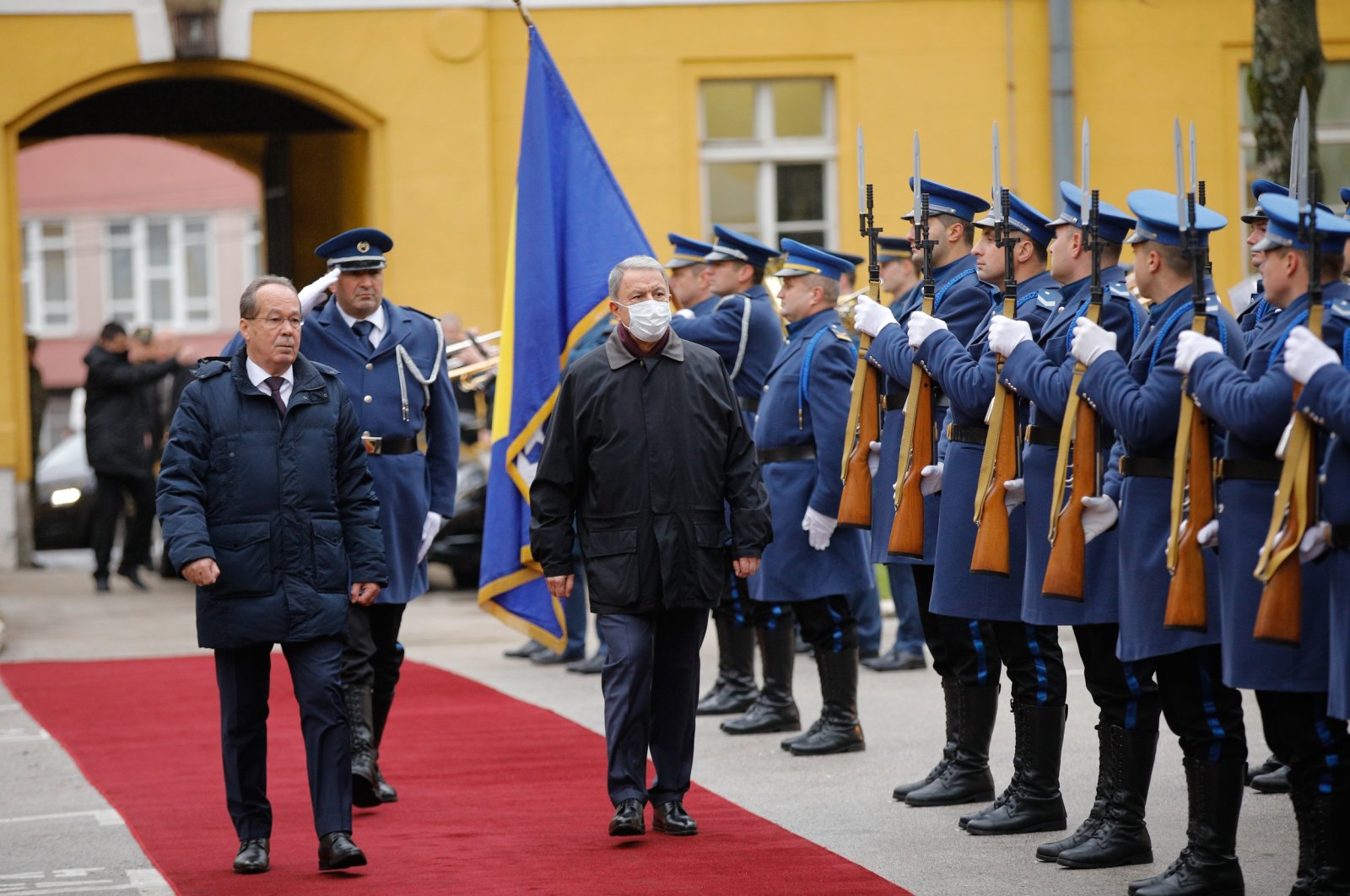 Defense Minister Hulusi Akar welcomed in a ceremony in Sarajevo, Bosnia-Herzegovina, Dec. 27, 2021. (AA Photo)