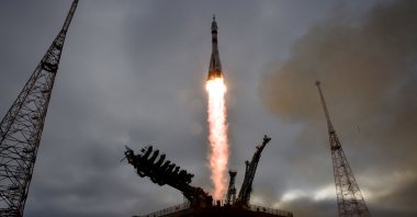 The Soyuz MS-20 spacecraft with Russian cosmonaut Alexander Misurkin, Japanese billionaire Yusaku Maezawa and Yozo Hirano blasts off from Baikonur cosmodrome, Kazakhstan, Dec. 8, 2021. (AFP Photo)
