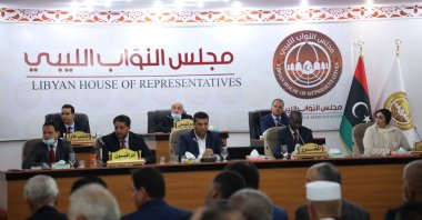 Leaders of Libya's parliament, headed by Speaker Aguila Saleh (C rear row), preside over the swearing-in ceremony for the country’s new interim government in Tobruk, Libya, March 15, 2021. (AP File Photo)